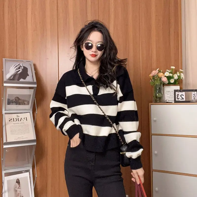 Knitted Pullovers Women Short Style Sweaters Striped Loose Casual New Arrivals Basic All-match Ladies Autumn Korean Fashion Chic