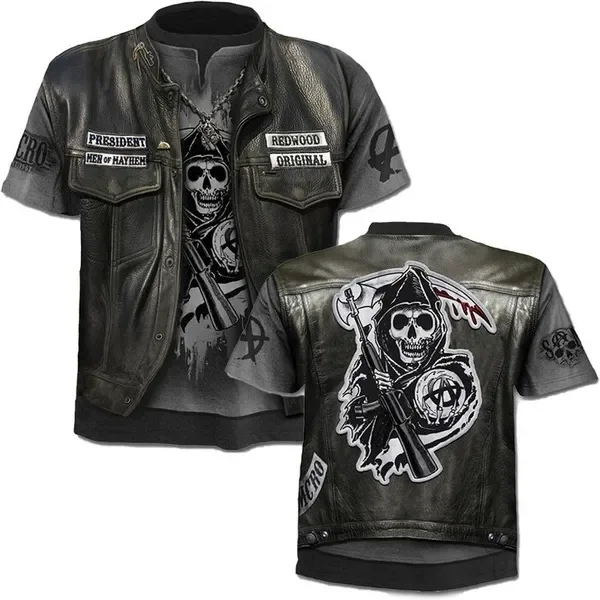 Vintage Sons of Anarchy T-Shirts 3D Fake Motorcycle Jacket Print Men Women Short Sleeve O-Neck Tee Oversized Streetwear Y2k Tops
