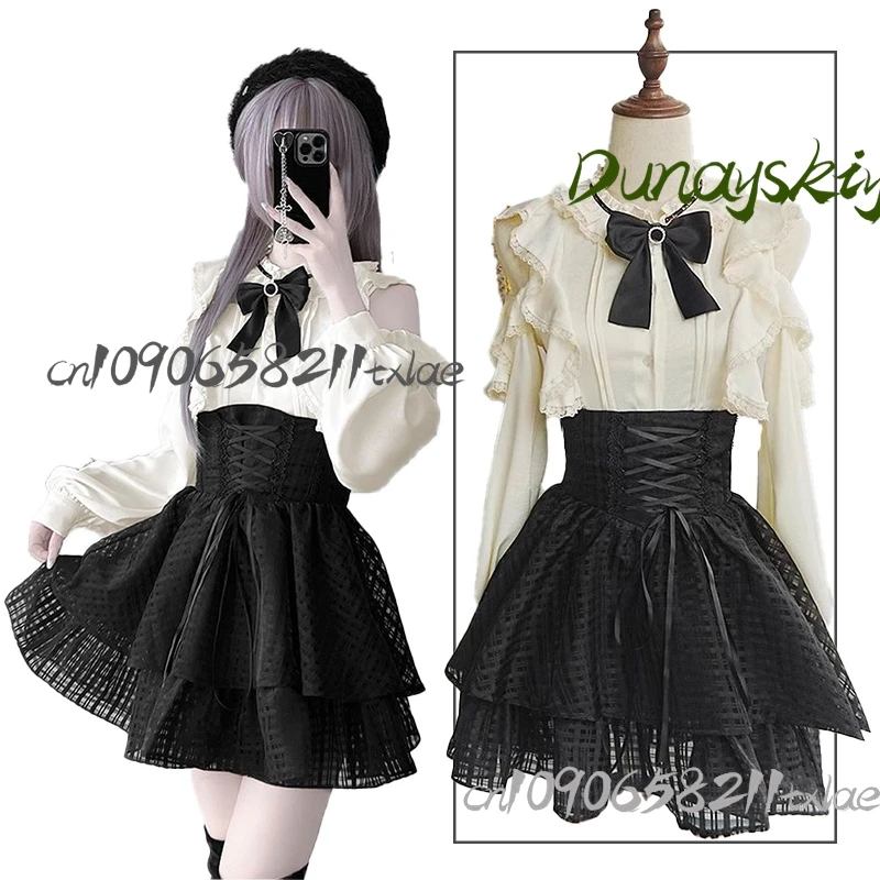 

Jirai Kei, готическая темная субкультура, девичий черный кружевной комплект, рубашка с длинными рукавами и юбкой, костюмы для косплея, вечерние, повседневные, Хэллоуин