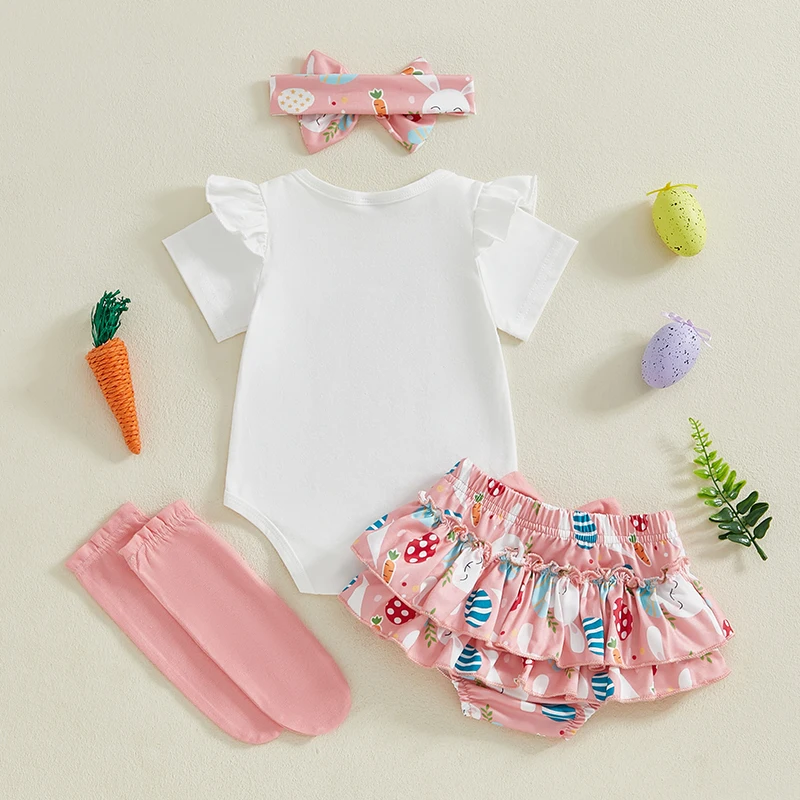 Completo pasquale per bambina, coniglio, manica corta, pagliaccetto, pantaloncini con volant a strati, calzini con fascia per capelli, set di vestiti coniglietto primaverile carino