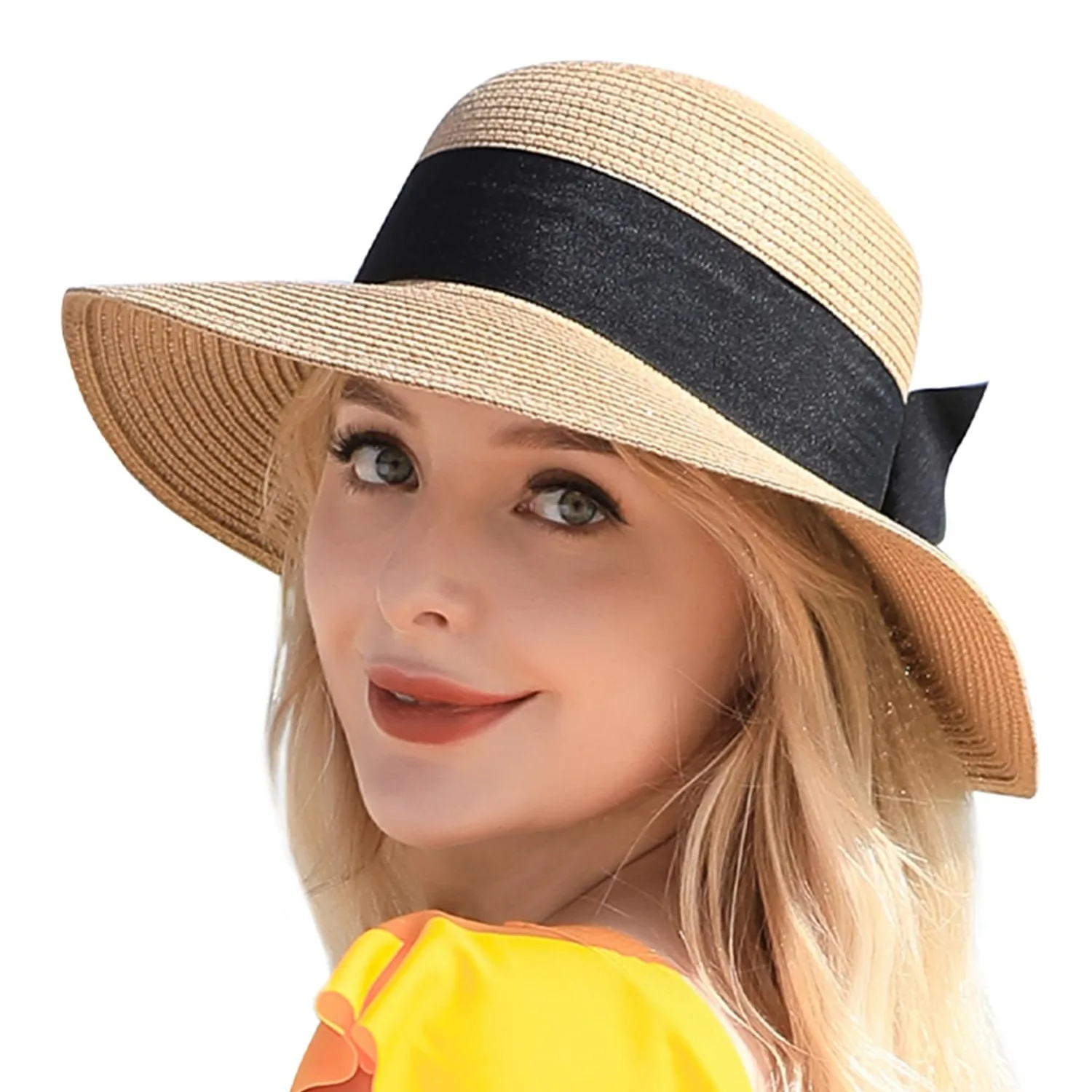 

Woman and children Beach Sun Hats Khaki Straw Hat for girls UPF 50+ UV Sun Protection Summer Hat Foldable Roll up Cap