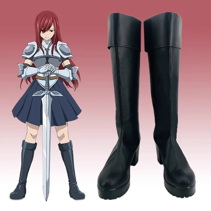 

JP Anime FAIRY TAIL Erza Scarlet Обувь для косплея Кожаные черные сапоги ручной работы