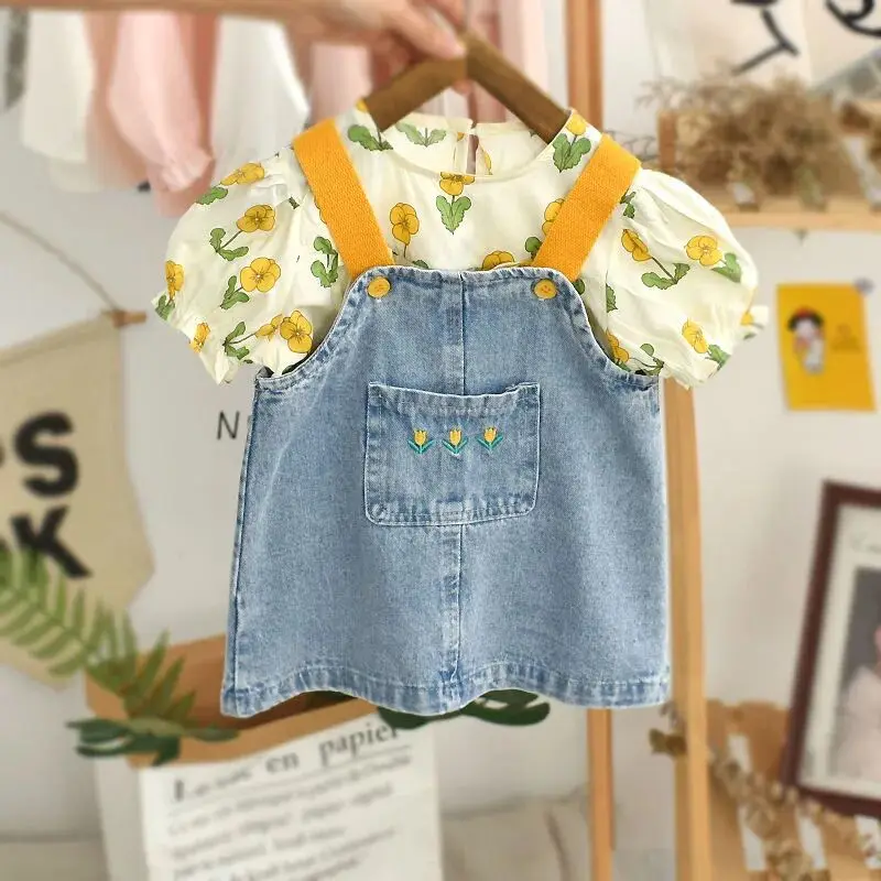 Fashion Kids Girls Clothing Sets  Summer Baby Cotton Bottom Shirt+Floral Appliques Suspender Dress Children Clothes