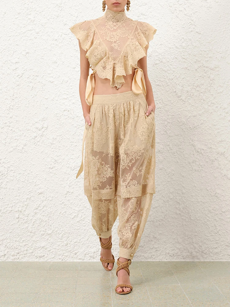 

Summer women's casual style polyester material 2025 new fashionable sleeveless lace up pants set