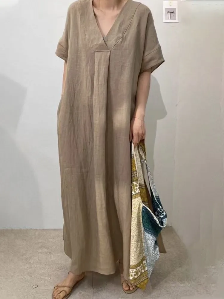 

Casual Solid Loose Dress For Women Fashion Short Sleeve V Neck Pullover Dresses Robe Femme Holiday Womens Clothing Summer Skirts