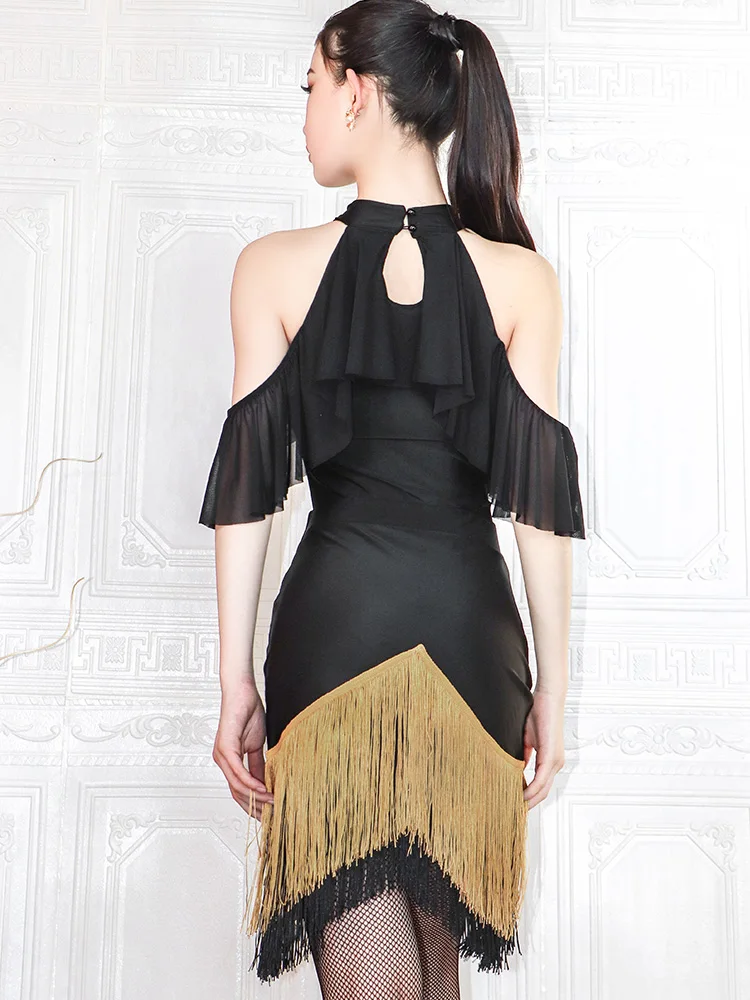 라틴 댄스 의상 여성 라틴 댄스 복장 공연 의류 블랙 바디수트 프린지 스커트 살사 트레이닝 댄스웨어 VDB6649