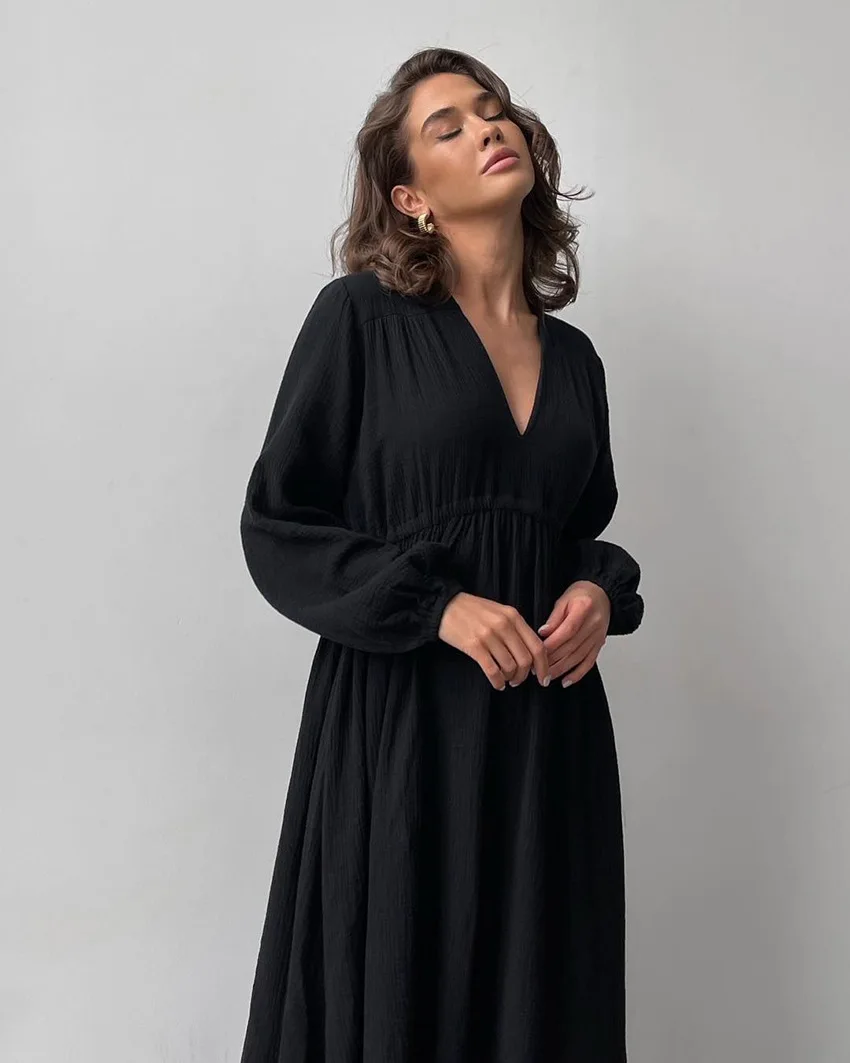 Elegant Sexy V-Neck Double-Layer Crepe Women's Robes 2026 Spring New 100％ Cotton Loose Long-Sleeved Ruched Party Dresses