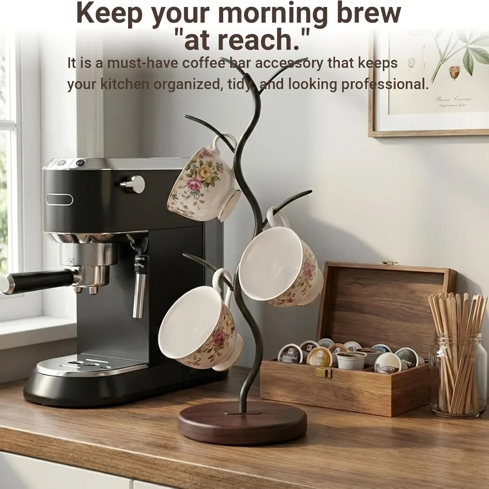 Tree Shaped Coffee Mug Holder Stand with Wooden Base Cup Rack for Kitchen Countertop Coffee Bar Decorative Cup Organizer Display