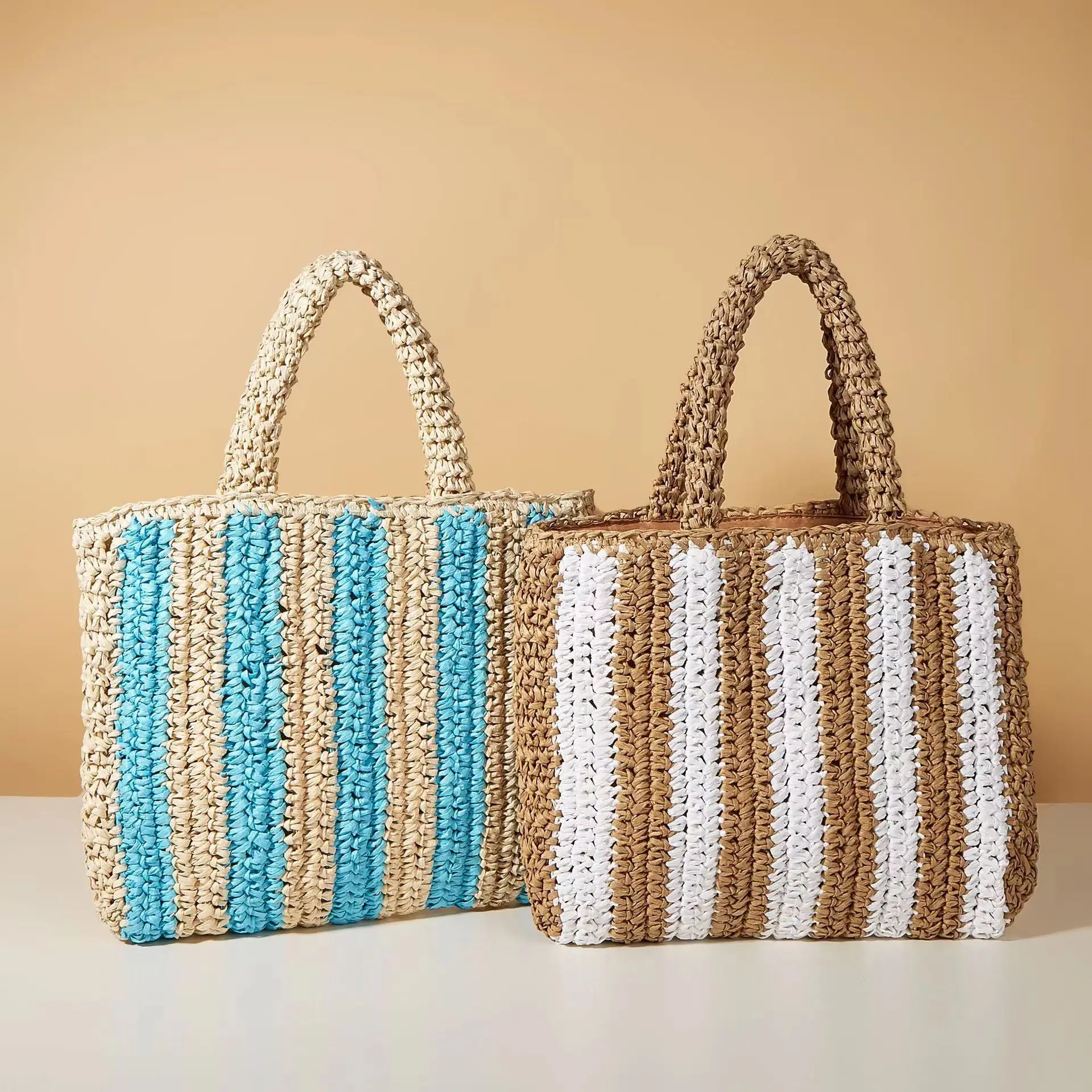 

Straw Woven Bag Female Ins 2025 New Portable Lovely Fairy Stripe Hand Bag Seaside Holiday Beach Bag