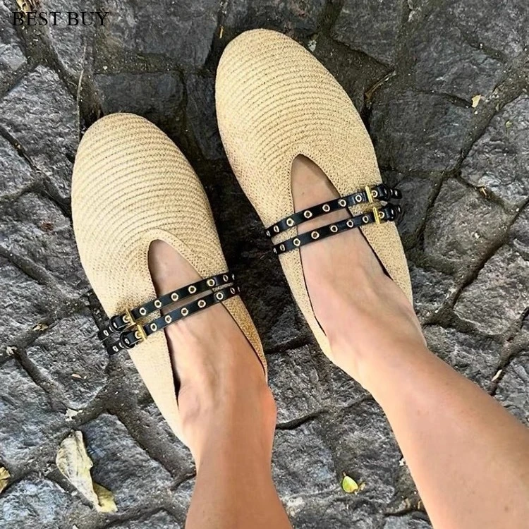 2024 Hand Knitting Buckle Strap Women Ballet Flats Shoes Solid Color Casual Women Mary Janes Shoes Breathable Round Toe Loafers