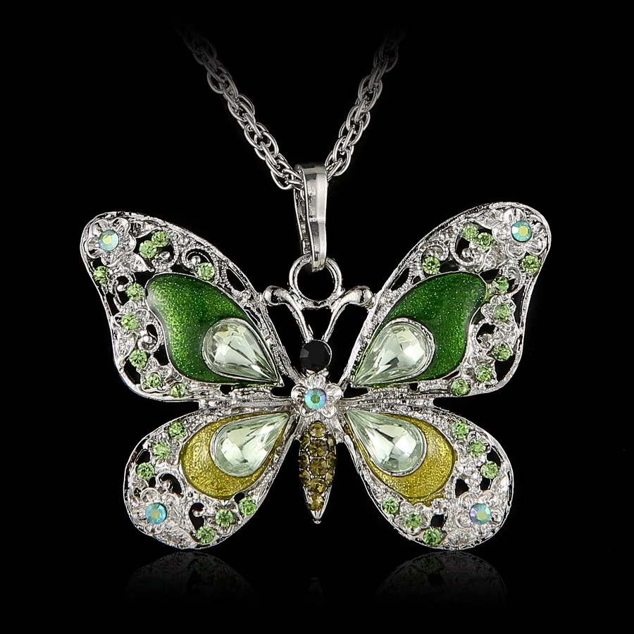 Vintage Rhinestone Butterfly Pendant Necklaces for Women Temperament Enamel Crystal Insect Animal Necklace Girls Party Jewelry