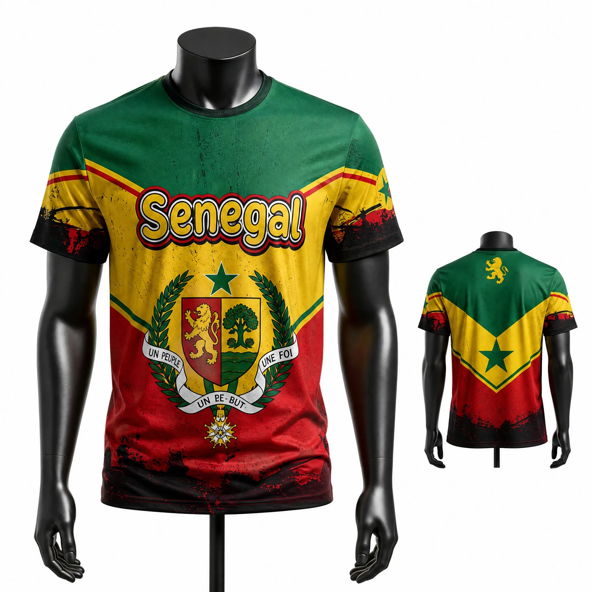 Senegal Mens Vertical Flag Graphic Tee Lion Back Shirt Short Sleeve Football Fan Top Street Stadium Casual Outfit Wear Fan Style