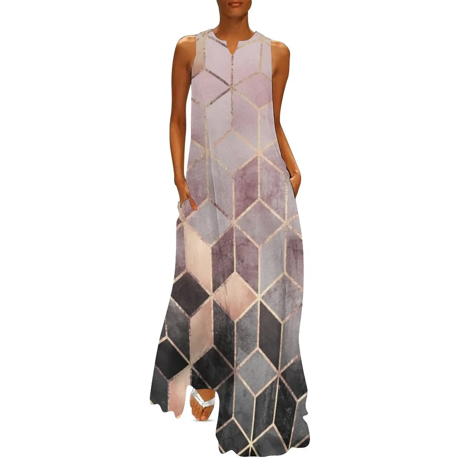 Pink And Grey Gradient Cubes Long Dress party dresses woman dress party night