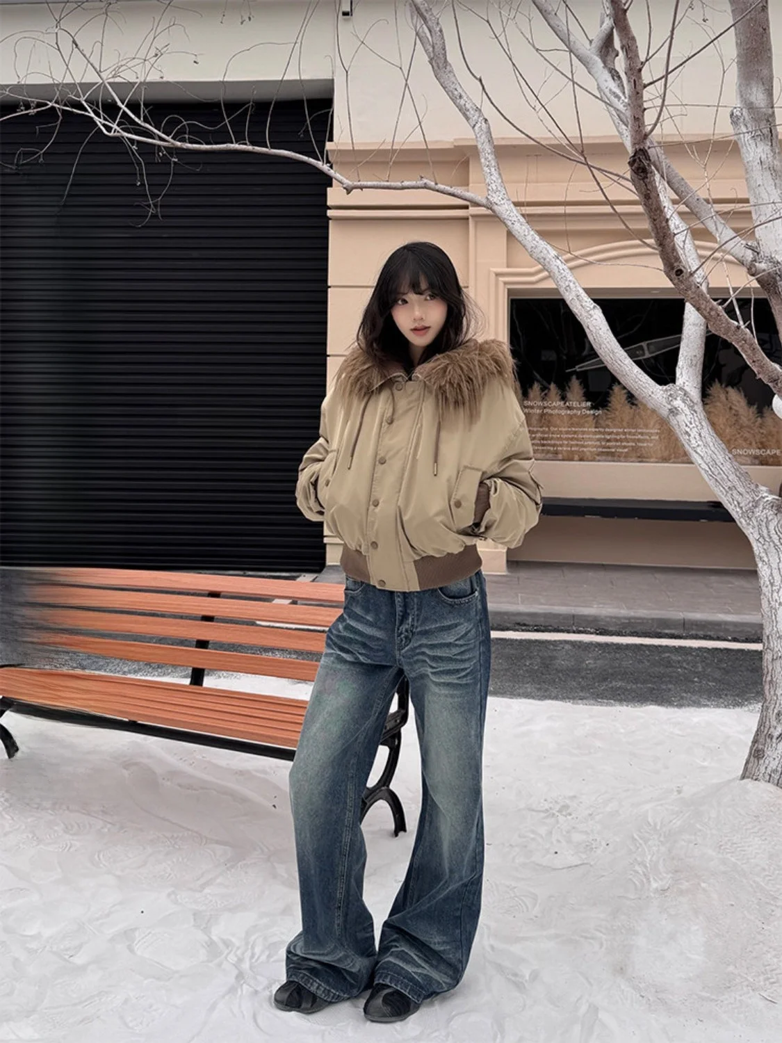 URKR Street Retro Abrigo de piloto con capucha para mujer relleno de algodón Thiened American Sle ort algodón picante Jaet cálido largo Sve