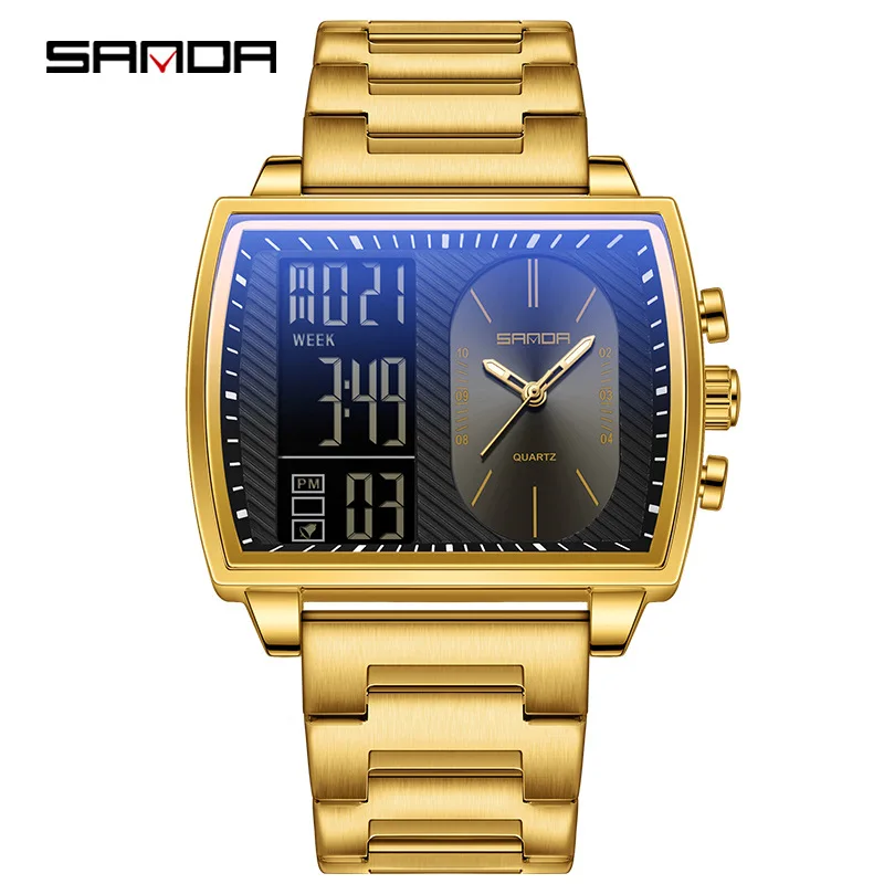 SANDA 6238 Мужские кварцевые часы Модный тренд Ремешок из нержавеющей стали Многофункциональные часы с двойным дисплеем