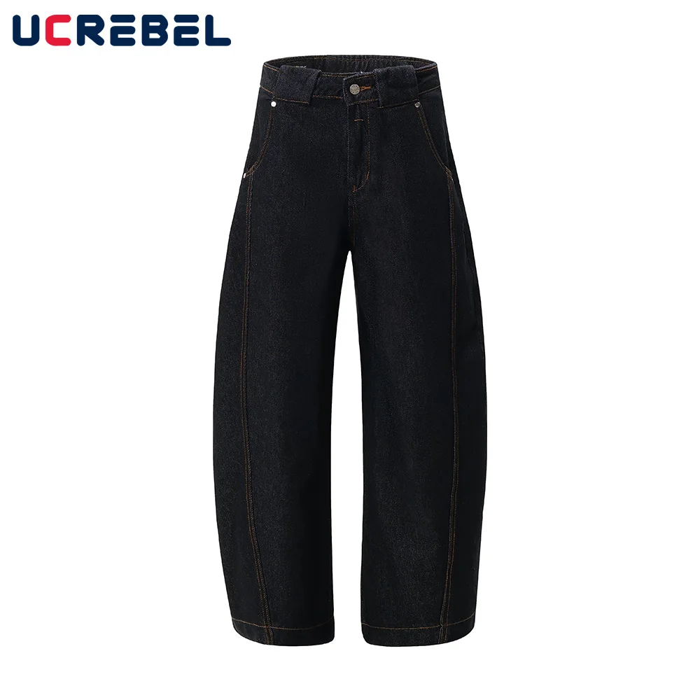 Top Stitch Denim Pants Mens High Street Pocket Wide Leg Washed Black Jeans Men Baggy Trousers