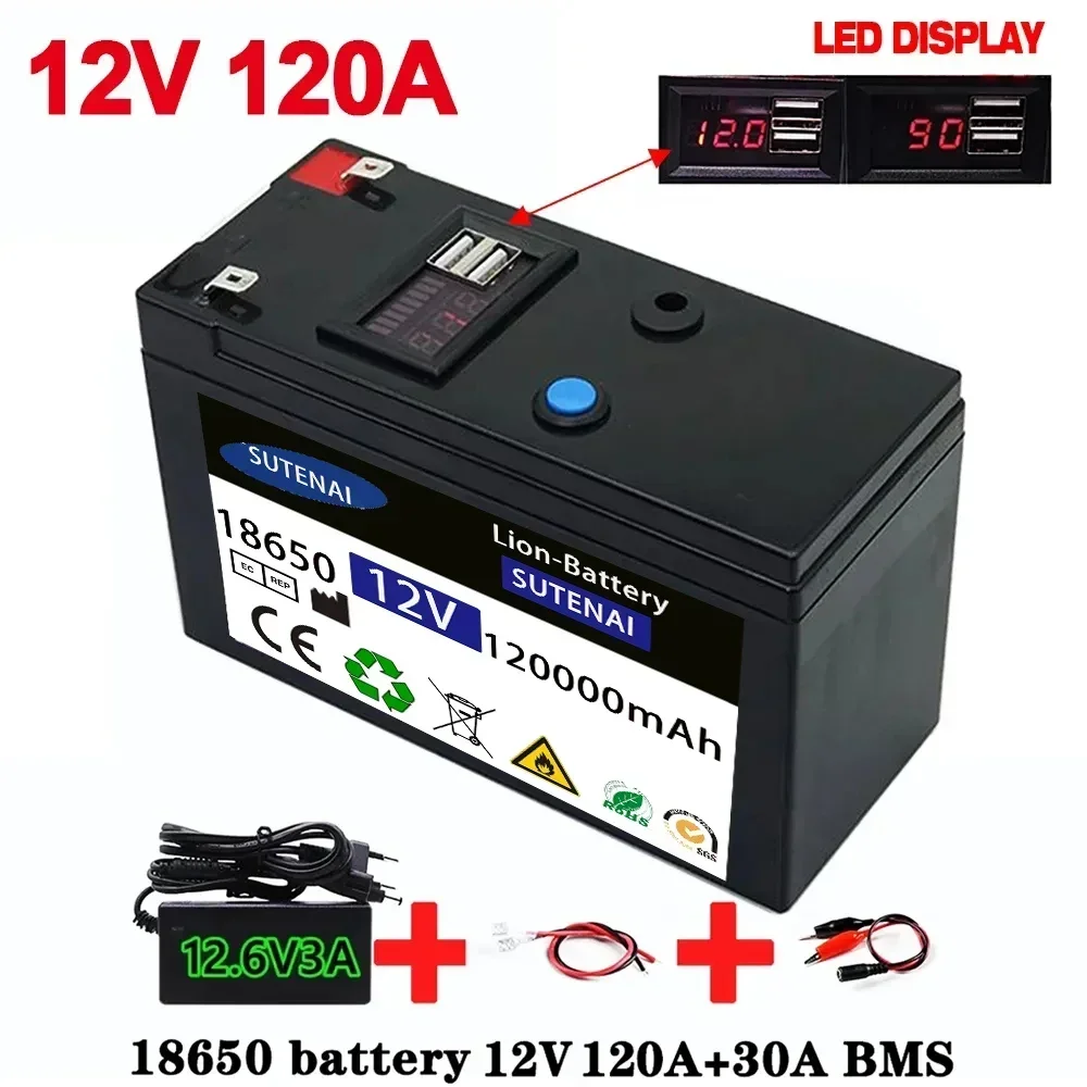 

12V Battery 120Ah 18650 lithium battery pack Rechargeable battery for solar energy electric vehicle battery+12.6v3A charger