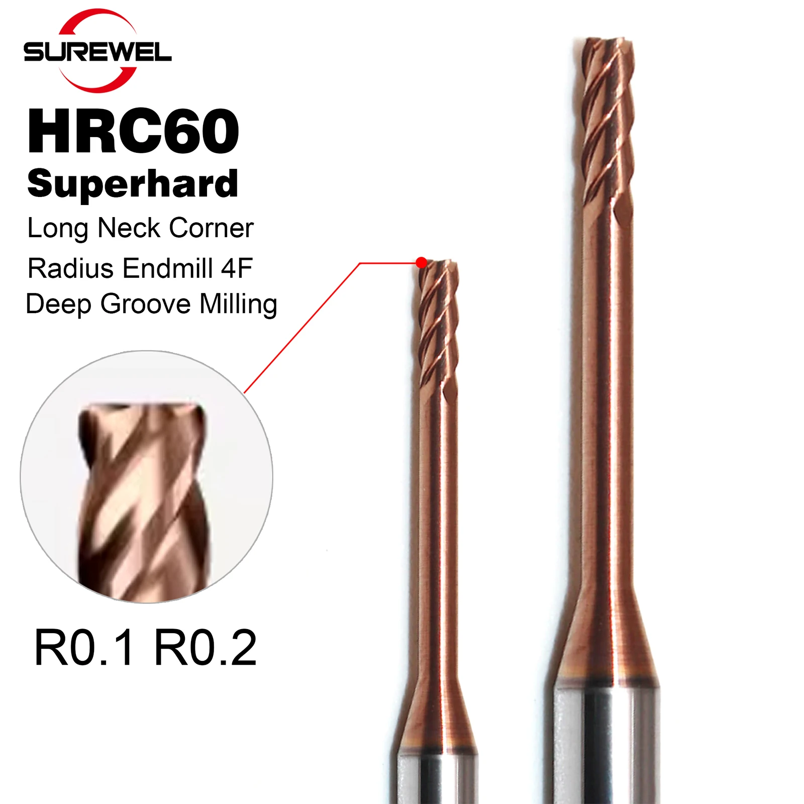 

1-3mm 4 Flute Superhard Long Neck End Mill HRC60 Carbide CNC tool R0.1 R0.2 For Stainless Steel Deep Groove Milling Cutter