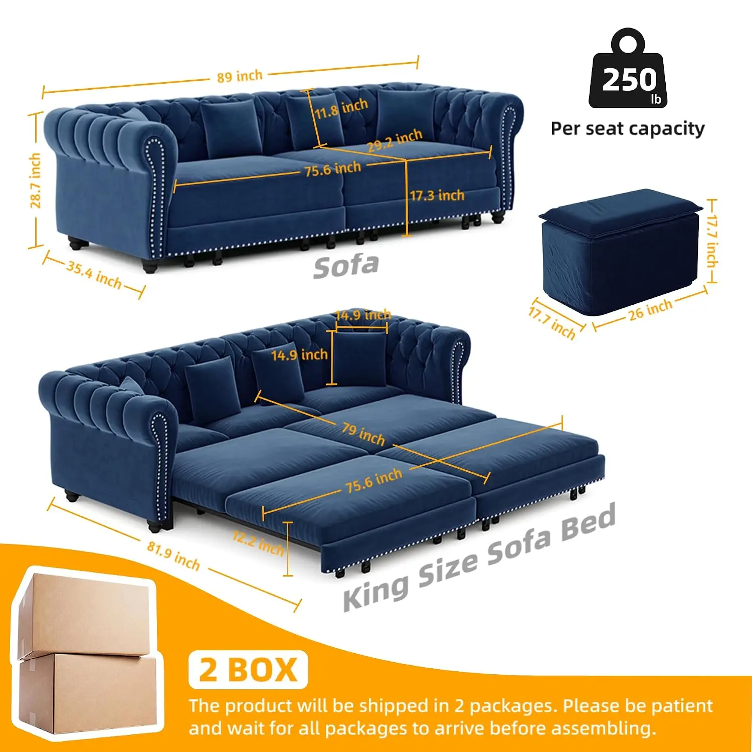 89'' King Size Sleeper Sofa, Blue Velvet Pull Out Couch Bed for Living Room, Customized