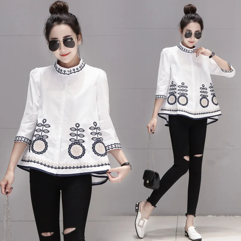 

2023 Summer New Embroidery Women Blouse And Shirts Embroidery Loose A-Line Half Sleeved Office Lady White Shirts Outwear Tops
