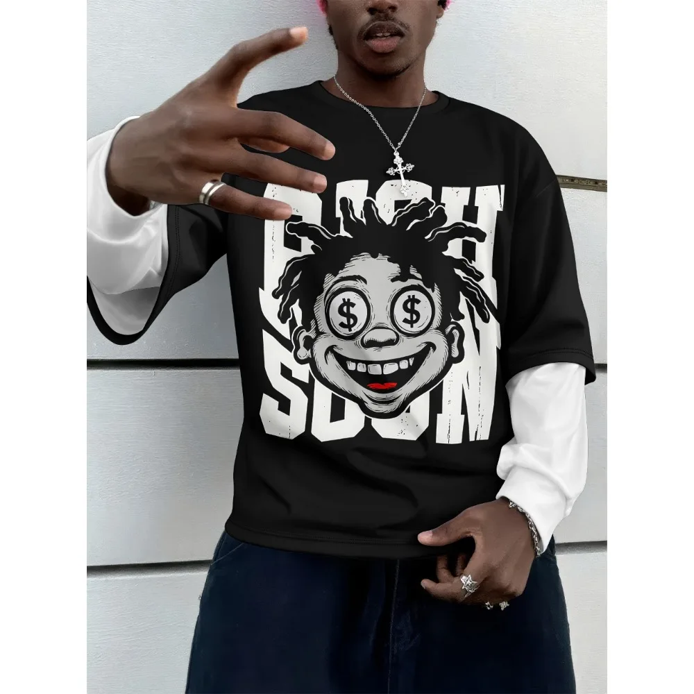2026 new Street style retro letter print T-shirt, men's autumn patchwork loose top