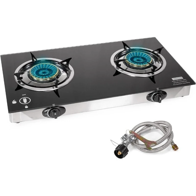 

Double Burner Stove w/Auto Ignition LPG Tempered Glass Outdoor Propane Portable Camping Cooktop Range 2-Burner Gas Burner