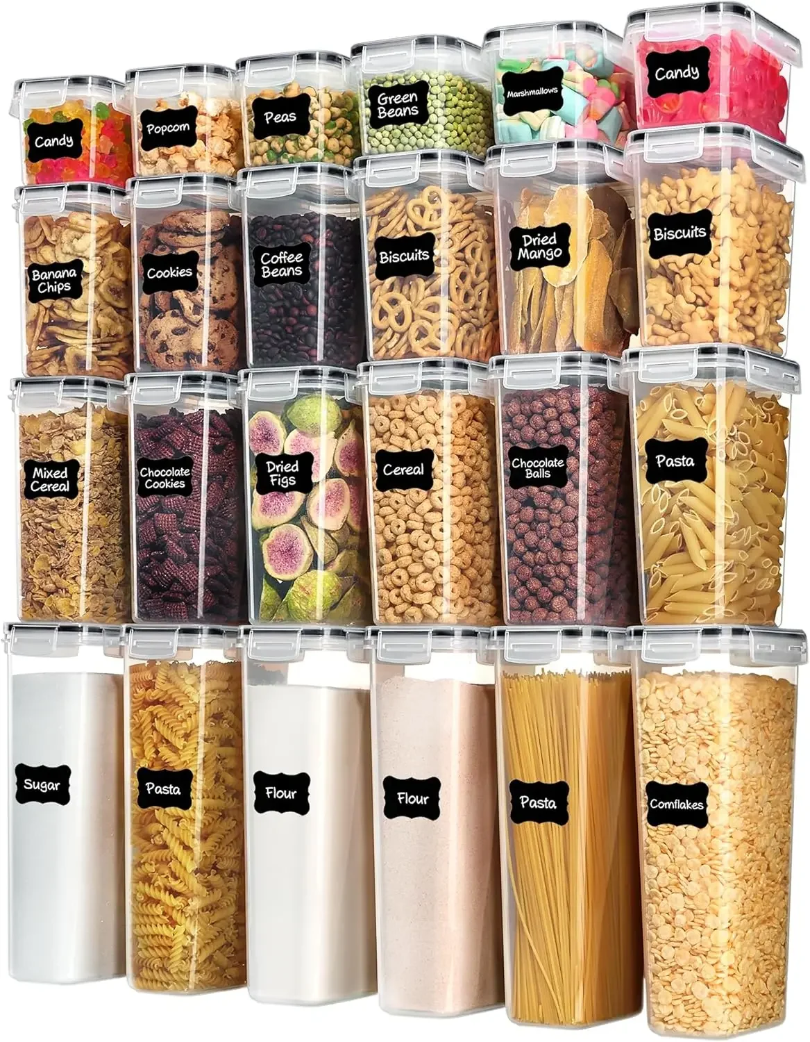 

24 Pcs Airtight Food Storage Containers with Lids, BPA Free, Kitchen Pantry Organization, 4 Sizes, Black