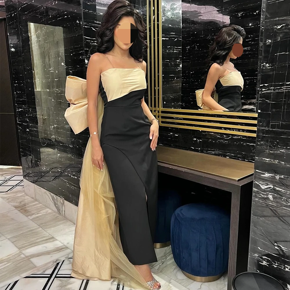 Customized Formal Satin Bow Pleat Straight Spaghetti strap Long Dresses Bespoke Occasion Dresses Modern Style Sizes Available