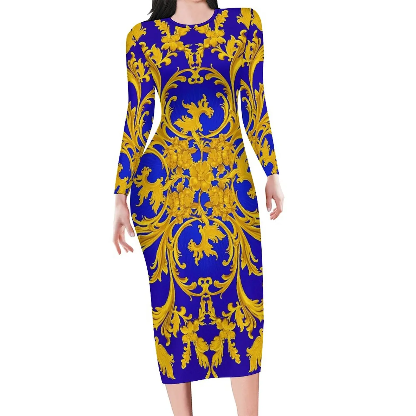 Baroque Print Dress Long Sleeve Blue and Gold Aesthetic Dresses Spring Sexy Bodycon Dress Female Graphic Big Size Clothes