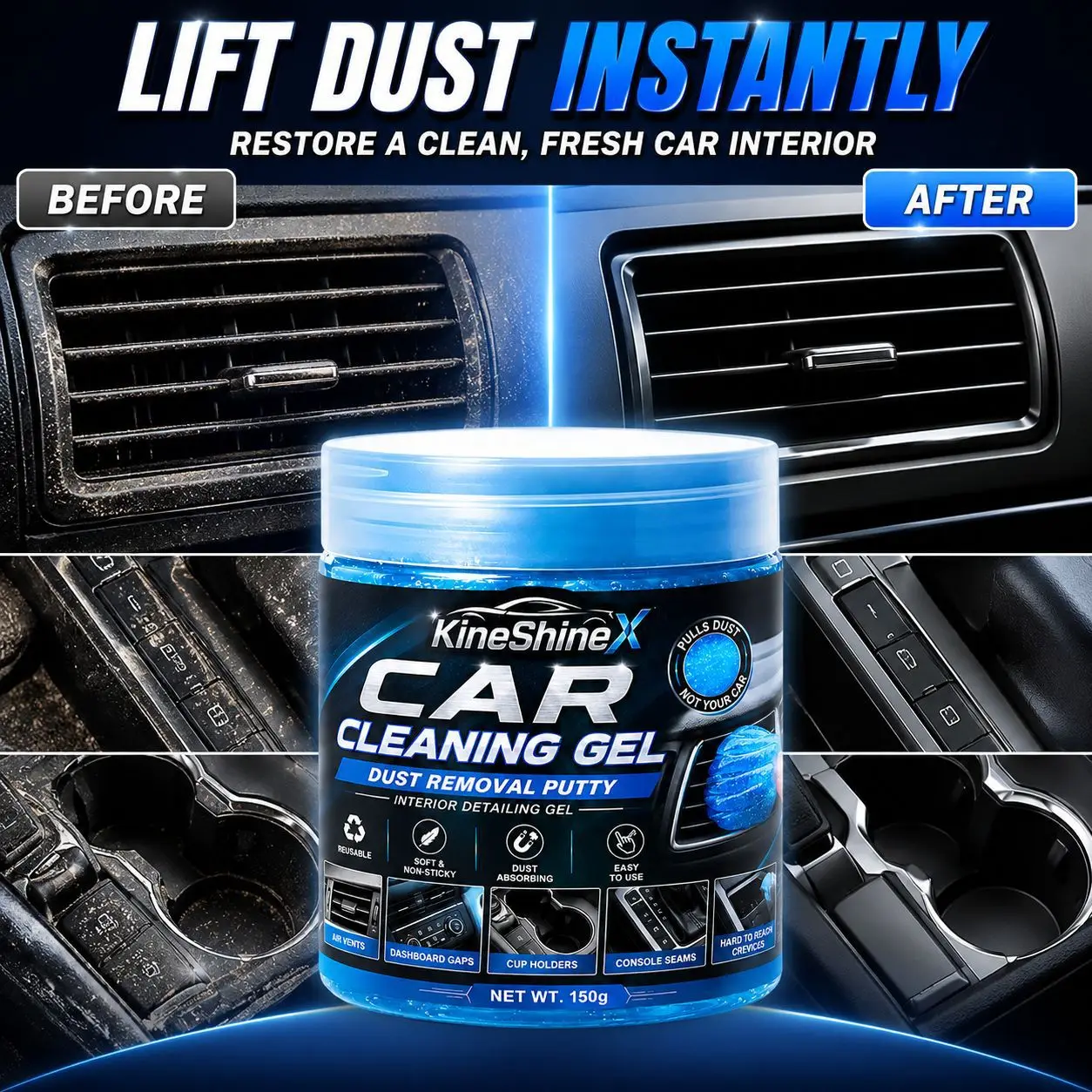 Car Cleaning Gel 150g – Dust Removal Putty for Air Vents, Dashboard Seams,Cup Holders & Console,Reusable,Soft,Interior Detailing