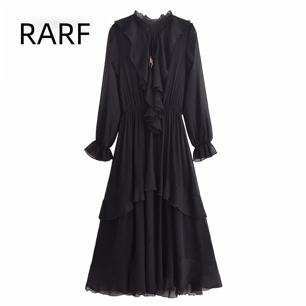 

Autumn and Winter New Product: Women's Bow Lotus Leaf Edge Wrinkle Effect Lantern Sleeve V-neck Long Sleeve Dress