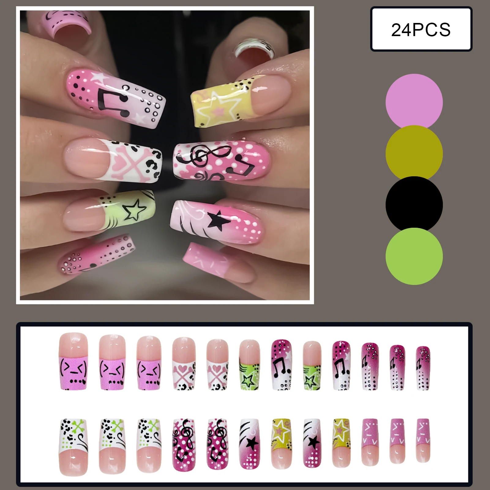 24pcs Y2K Girl Style Fake Nails Musical Note Star Pattern Long Coffin False Nails Wearable Spicy Girls Ballet Press on Nails