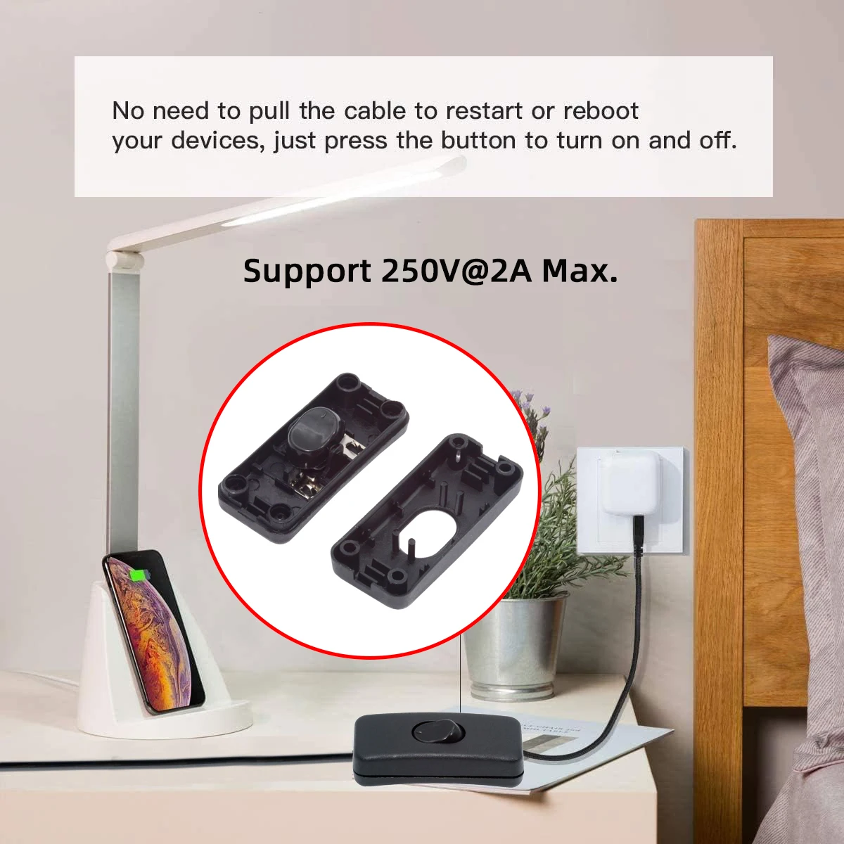 Universal Interruptor 303 Switch Cord Inline On-Off Switch DPST Control Rocker for Bedroom Table Lamp Desk Light Strip