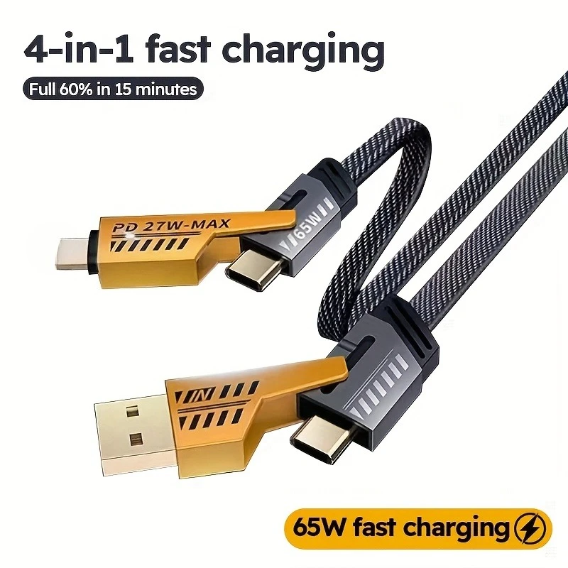 4-in-1 USB-C Cable PD Super Fast Charging Data Sync Silicone Durable Multi-Port Charger with Color Light for iPhone MacBook iPad for Samsung