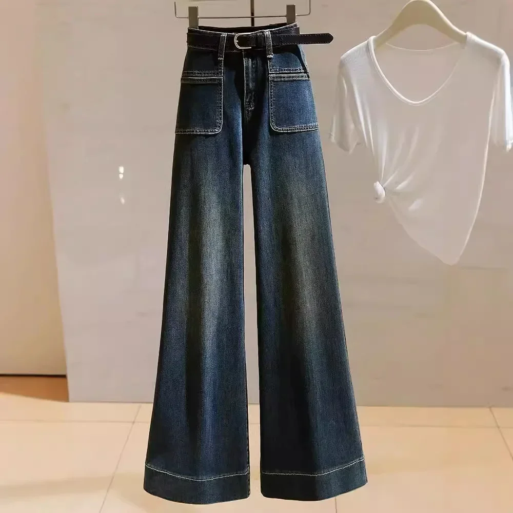 

High-Waisted Wide-Leg Jeans Women's Vintage Stretchy Versatile Loose-Fit Straight-Leg Slimming Microbell Bottom Pants