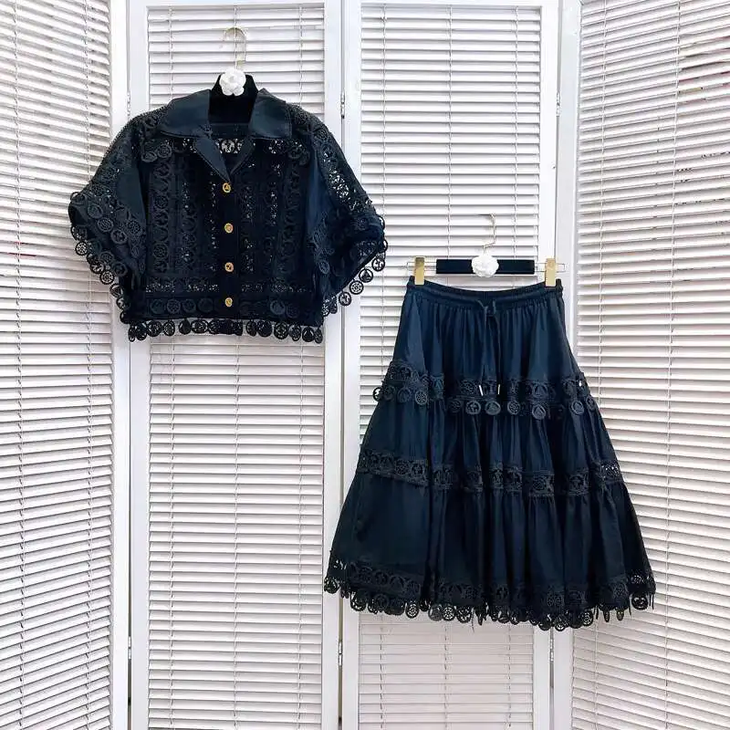 Luxury Hollow Out Dress Two Piece Set Women\'s 2025 Summer Holiday Embroidered Lace Jackets White Tops Pleated Short Skirts Suits