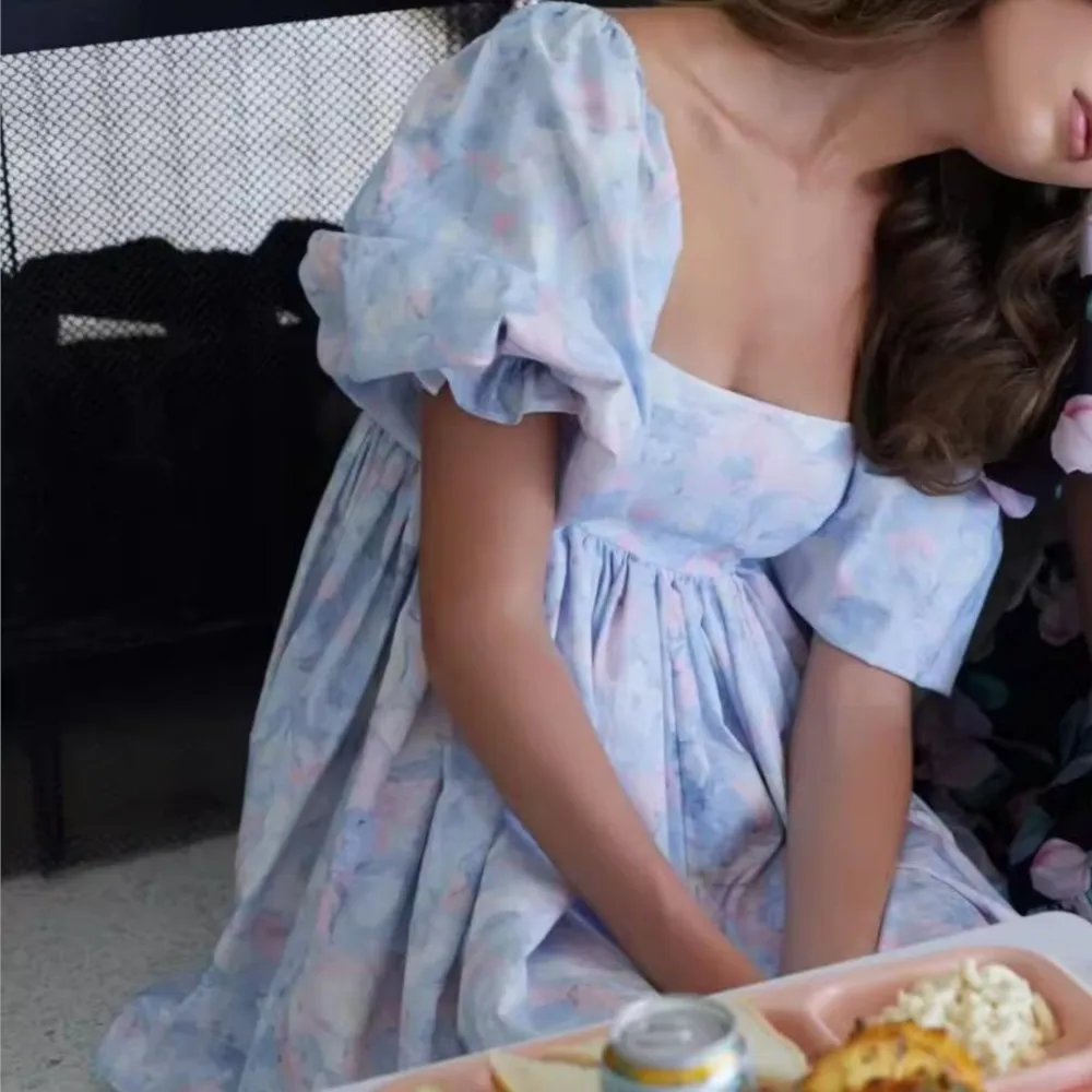 

Princess BLUE Tie dye Floral Print Ball Gown Dress Sweet Women Puff Sleeve Ruched Pleated Swing Hem Waist Mini Party Fairy Robe