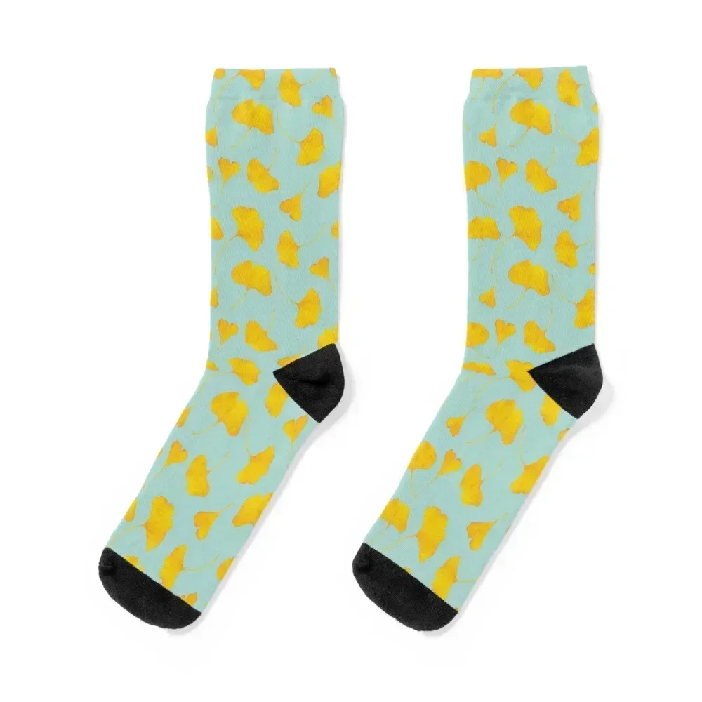 

Golden Ginkgo Leaves on Blue Background - Fall Colors Repeated Pattern Socks Heating sock floor Men's Socks Women's