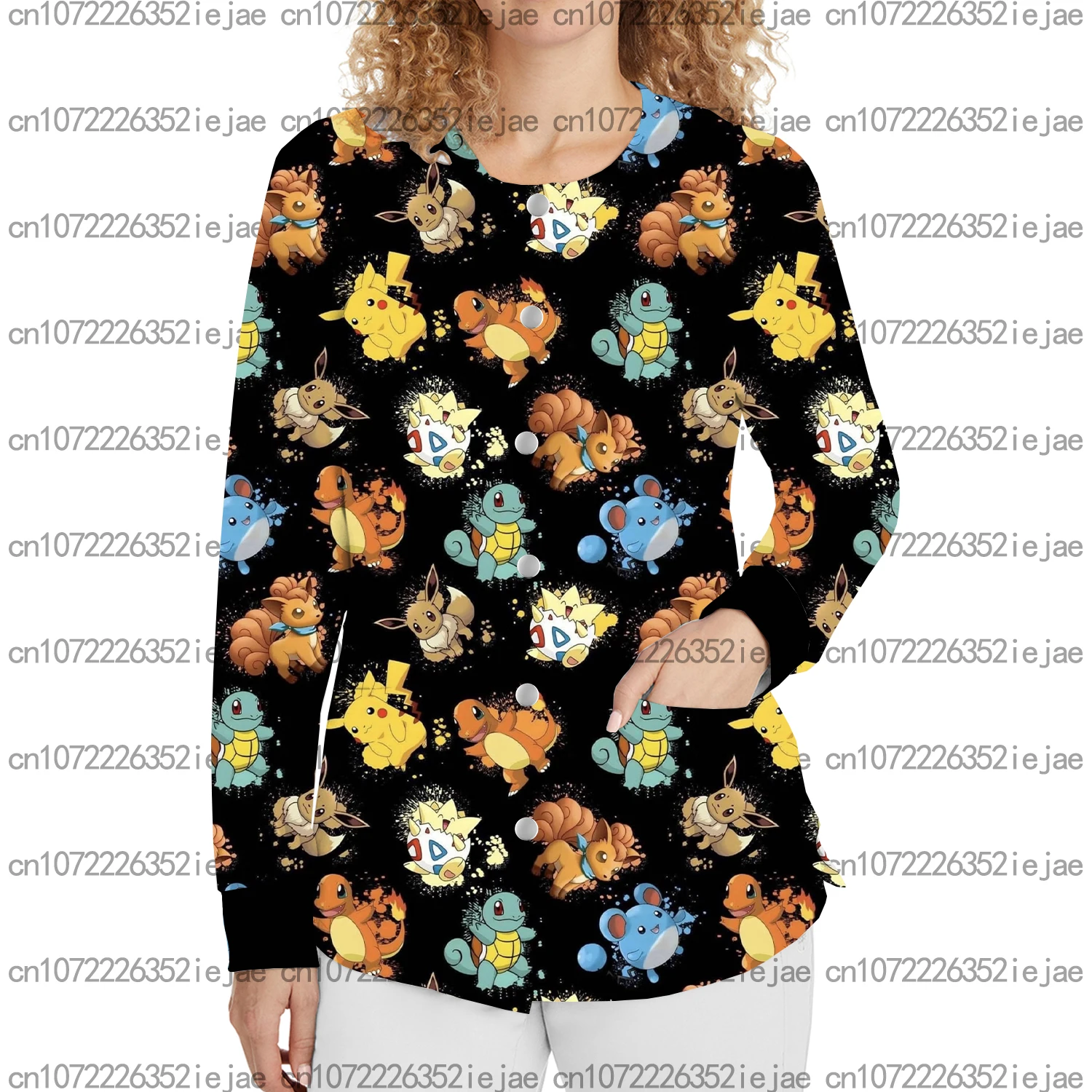 

New Fall Winter Women's Scrub Jacket Pokemon Print Round Neck Pocket Long Sleeve Women's Work Uniform Dental Spa Warm Top