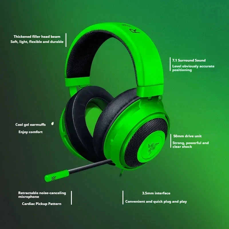 Razer Kraken Head Mounted Gaming Earphones With Noise Reduction 7.1 Channel 3.5mm Interface Gaming Earphones And Headphones