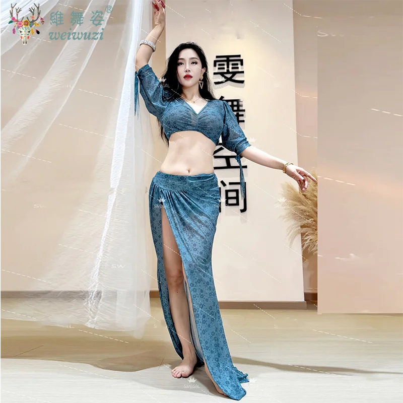 بدلة ملابس أداء الرقص الشرقي للنساء للرقص الشرقي نصف كم علوي + تنورة طويلة شبكية 2 قطعة مجموعة ملابس احترافية شرقية #4