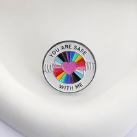 Round Rainbow Heart Enamel Pins aCustom You Are Safe With Me Brooch Cartoon Hand Hug Lapel Badges Jewelry Gifts For Kids Friends