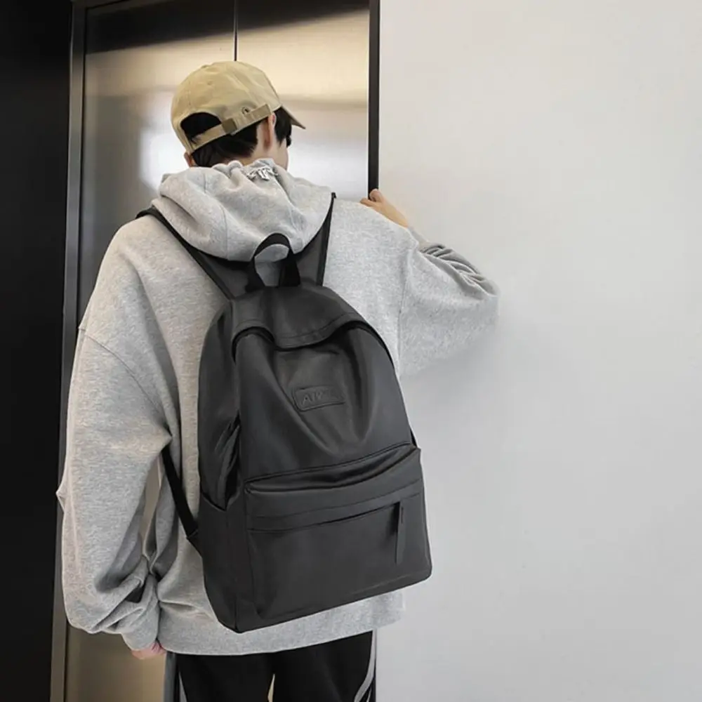 

Simple Korean Style Leather Backpack Men Multiple Pockets Waterproof Teens Schoolbag All-match Storage Travel Bag Boys Girls