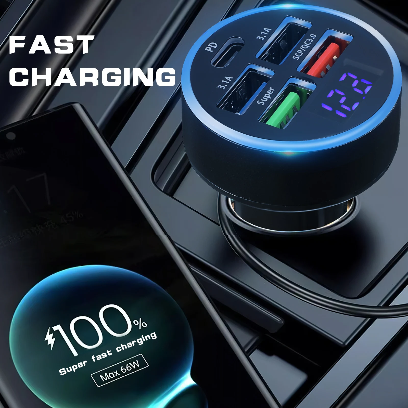 

5 Ports Digital Display Car Fast Charging Usb Vehicle Intelligent Protection Auto Usb Adapter