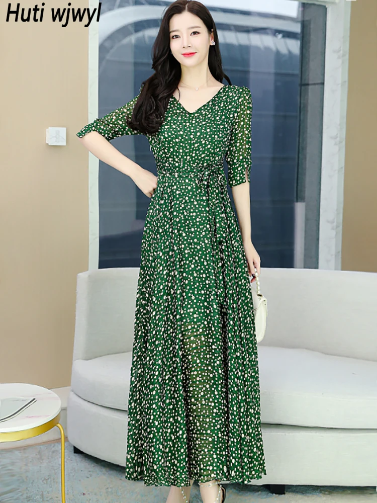 

Summer Green Print Polka Dot Chiffon Maxi Dress Women Casual Vacation Beach Dress 2024 Korean Elegant Bodycon Luxury Party Dress