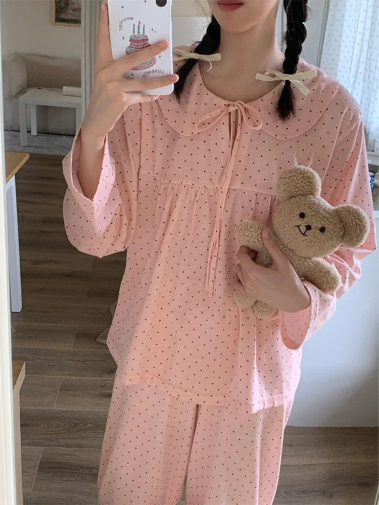 Dot Pajama Sets Women Baggy Home Sweet Bandage Soft Ulzzang Sweet All-match Long Sleeve Sleepwear Fashion Lounge New Schoolgirls