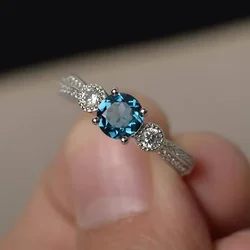 Bague ronde en argent regardé 925 pour femme, bague bleue de mer, bijoux fantaisie, promesse d'amour, bague de mariage