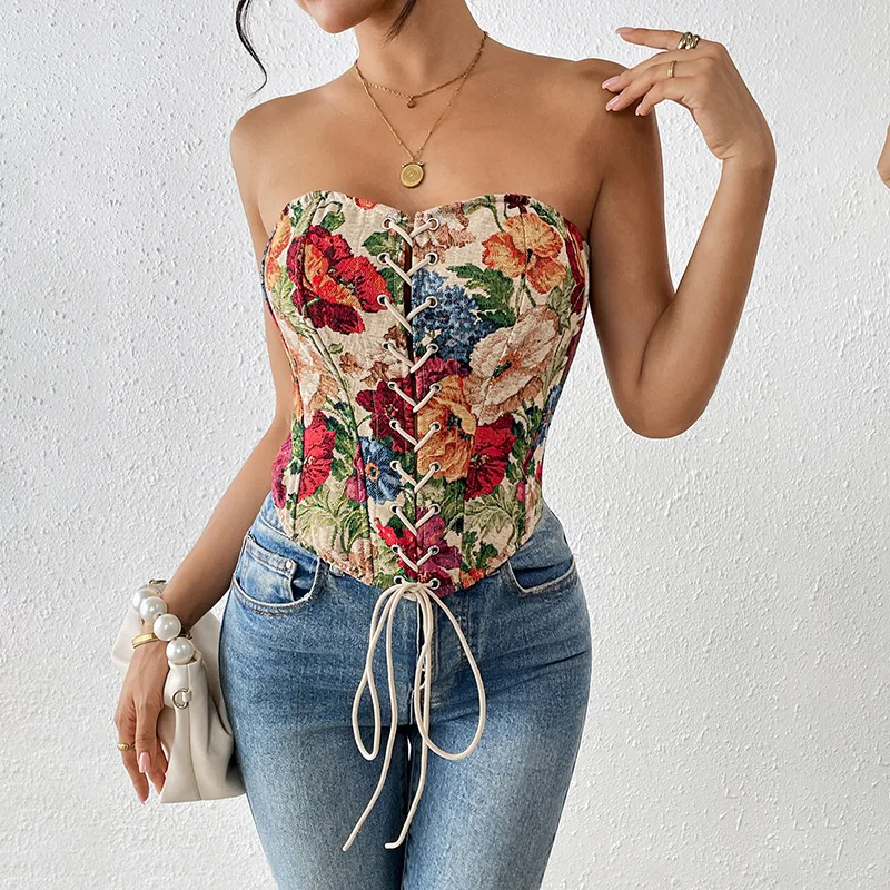 

Sexy Floral Print Fibone Retro Strap Vest Street Sle Wrap Chest Small ence Summer 2025 Women's Polyester U-Neline