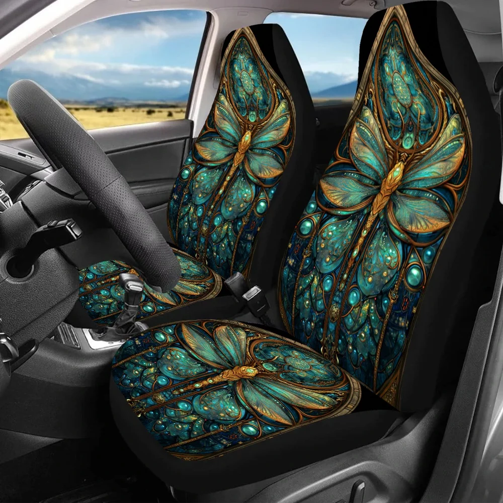 2pcs Dragonfly Tapestry Car Seat Covers - Vibrant & Golden Floral Design, Durable Polyester, Fit For Cars, SUVs, Sedans, Enhance