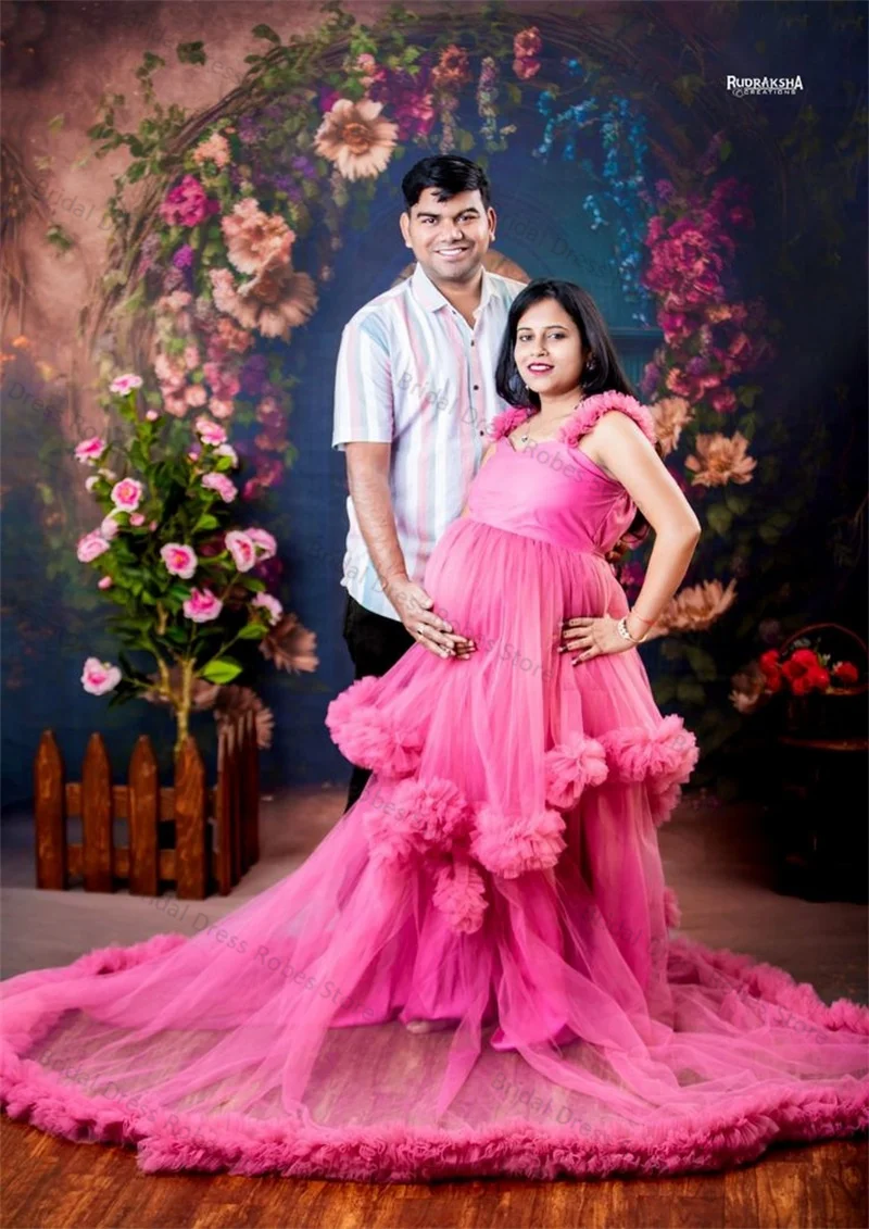 

Hot Pink Women Maternity Dress for Photo Shoot Tiered Tulle Bride Strap Sleeveless Robe Prom Gown Wedding Pregnant Customized